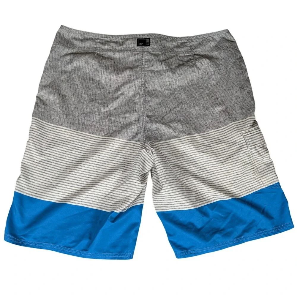 O'Neill Mens Board Shorts Grey Blue Striped Colorblock Swim Trunks Side Pocket